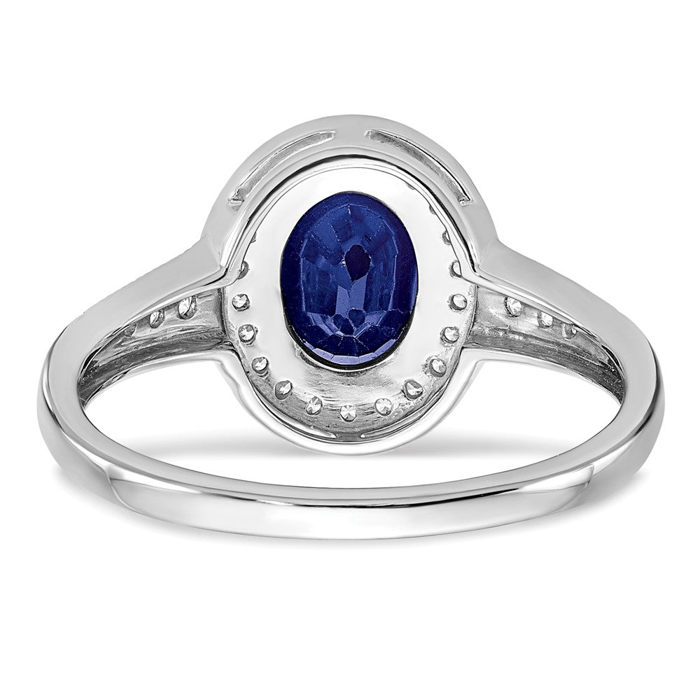 14K Weißgold Ring mit ovalem synthetischem Saphir und echten Diamanten in Halo-Fassung