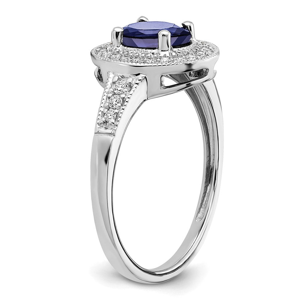 14K Weißgold Ring mit ovalem synthetischem Saphir und echten Diamanten in Halo-Fassung