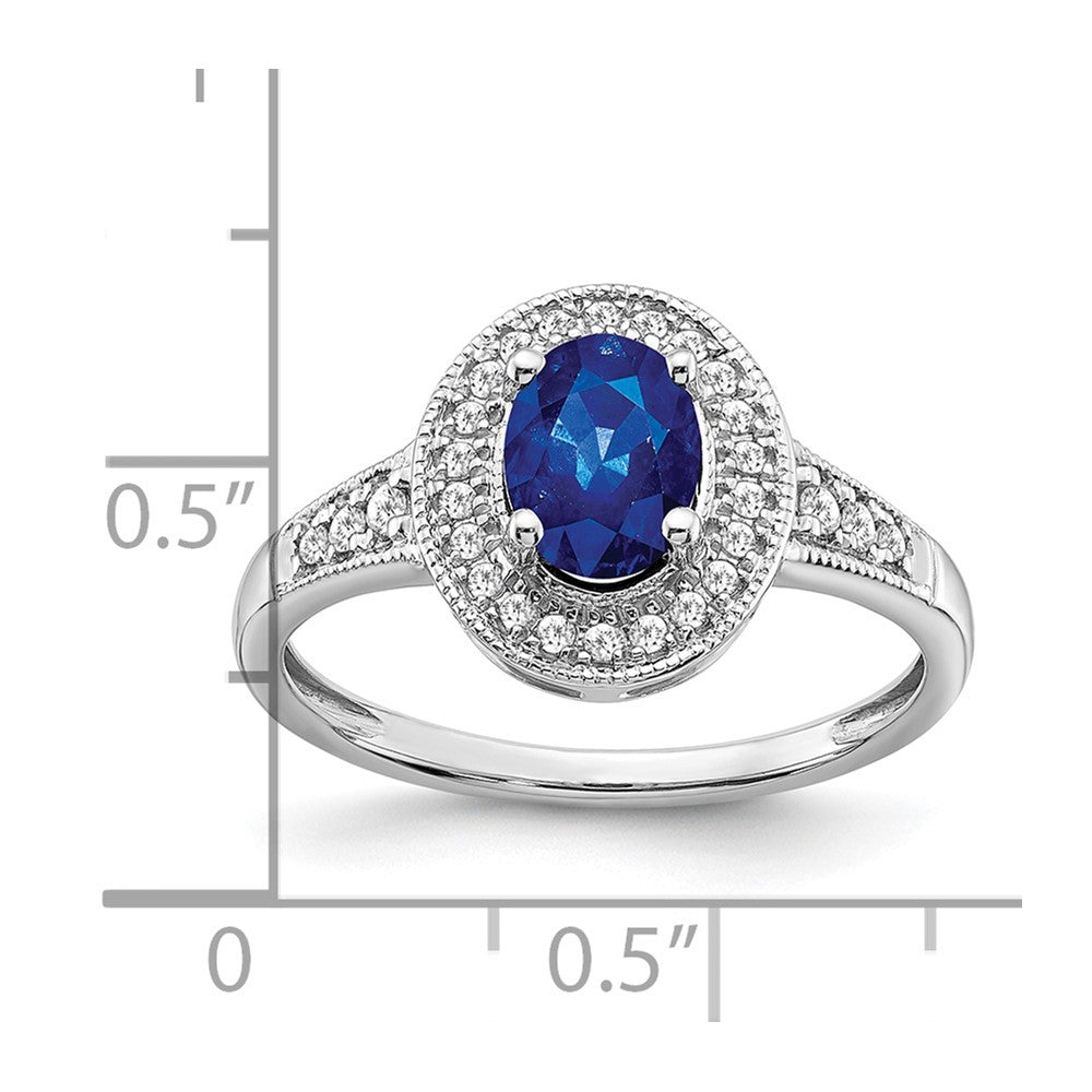 14K Weißgold Ring mit ovalem synthetischem Saphir und echten Diamanten in Halo-Fassung
