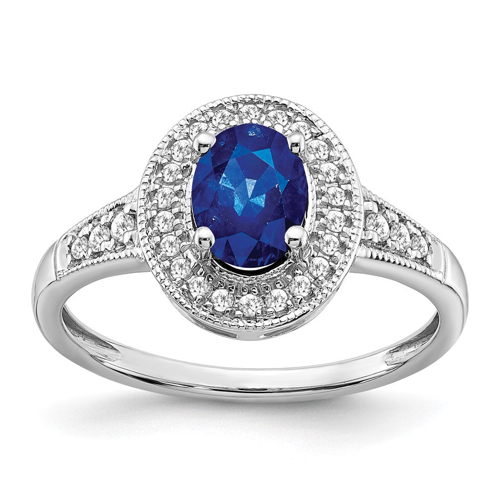 14K Weißgold Ring mit ovalem synthetischem Saphir und echten Diamanten in Halo-Fassung