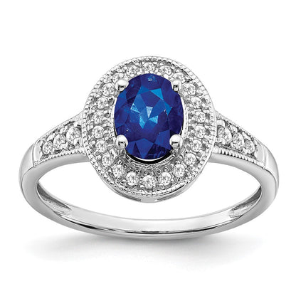 14K Weißgold Ring mit ovalem synthetischem Saphir und echten Diamanten in Halo-Fassung
