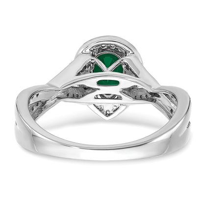 14K Weißgold Ring mit birnenförmigem synthetischem Smaragd und echten Diamanten in Halo-Fassung