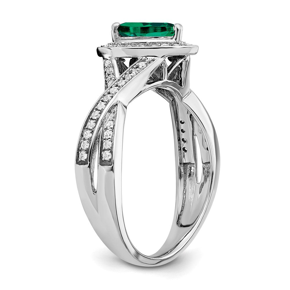 14K Weißgold Ring mit birnenförmigem synthetischem Smaragd und echten Diamanten in Halo-Fassung