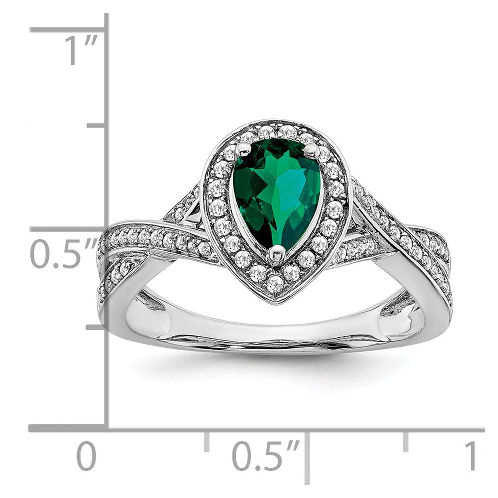 14K Weißgold Ring mit birnenförmigem synthetischem Smaragd und echten Diamanten in Halo-Fassung