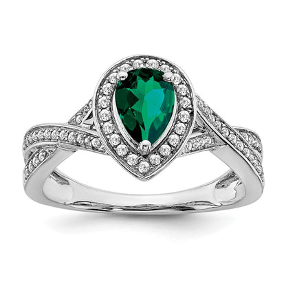 14K Weißgold Ring mit birnenförmigem synthetischem Smaragd und echten Diamanten in Halo-Fassung