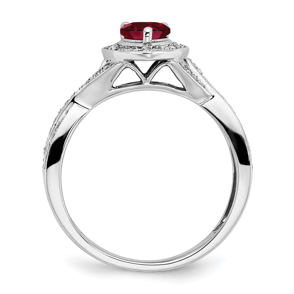 14K Weißgold Ring mit birnenförmigem synthetischem Rubin und echten Diamanten in Halo-Fassung