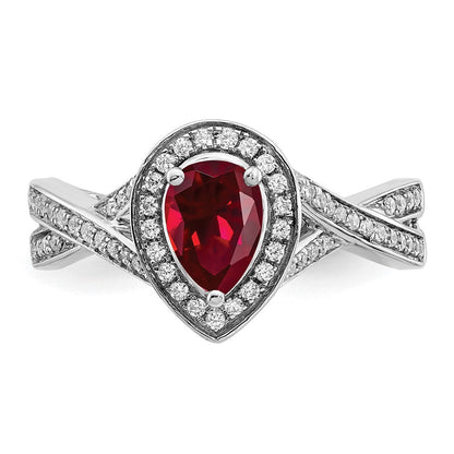 14K Weißgold Ring mit birnenförmigem synthetischem Rubin und echten Diamanten in Halo-Fassung