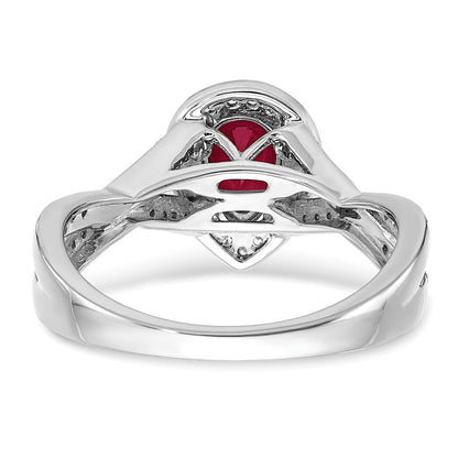 14K Weißgold Ring mit birnenförmigem synthetischem Rubin und echten Diamanten in Halo-Fassung