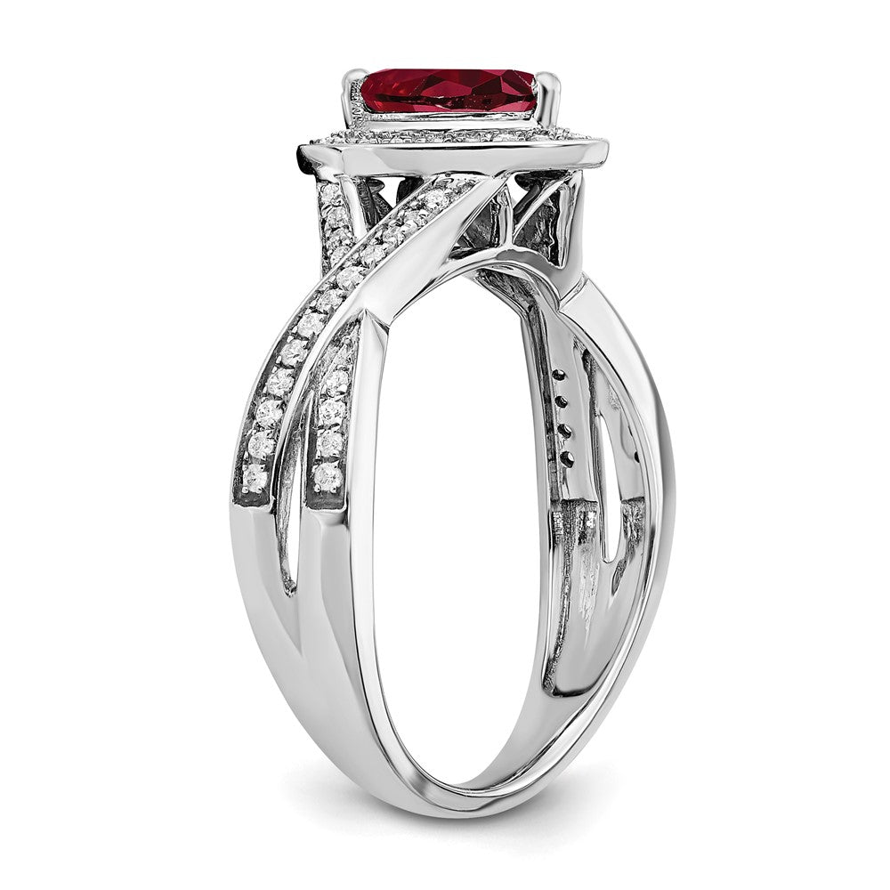 14K Weißgold Ring mit birnenförmigem synthetischem Rubin und echten Diamanten in Halo-Fassung