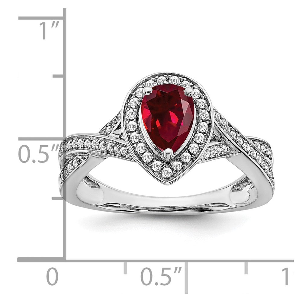 14K Weißgold Ring mit birnenförmigem synthetischem Rubin und echten Diamanten in Halo-Fassung