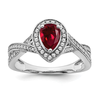 14K Weißgold Ring mit birnenförmigem synthetischem Rubin und echten Diamanten in Halo-Fassung
