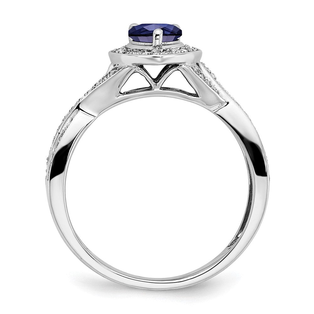 14K Weißgold Ring mit Halo, Birnenschliff, synthetischem Saphir und echten Diamanten