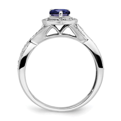14K Weißgold Ring mit Halo, Birnenschliff, synthetischem Saphir und echten Diamanten
