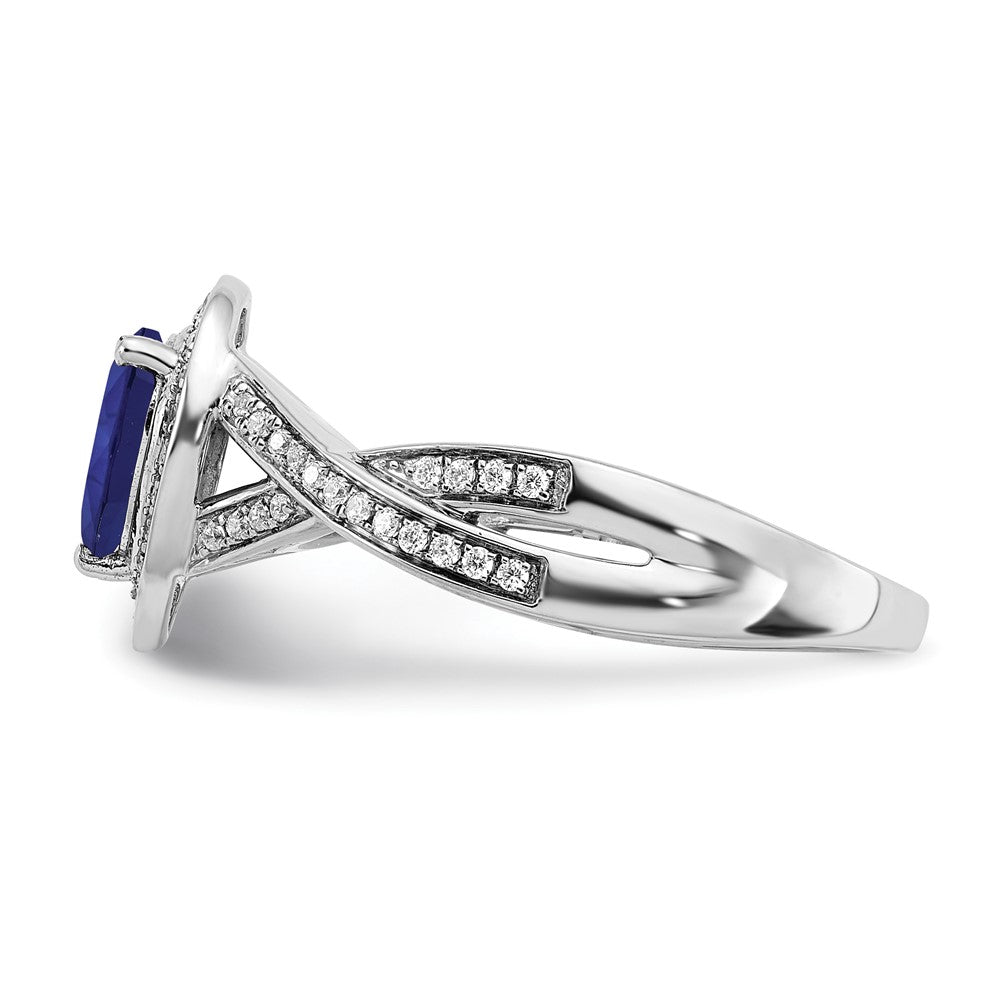 14K Weißgold Ring mit Halo, Birnenschliff, synthetischem Saphir und echten Diamanten