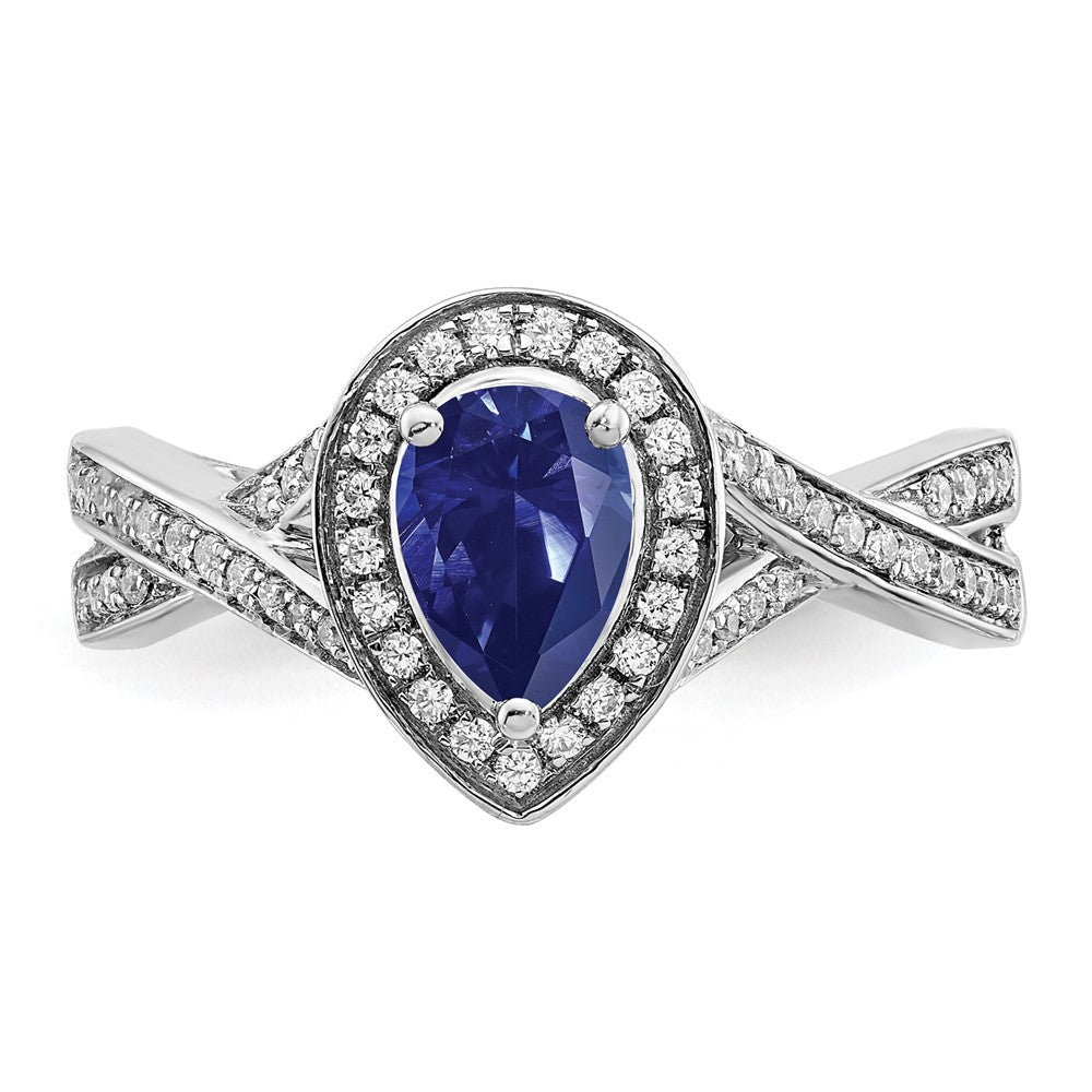 14K Weißgold Ring mit Halo, Birnenschliff, synthetischem Saphir und echten Diamanten