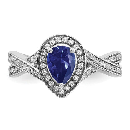 14K Weißgold Ring mit Halo, Birnenschliff, synthetischem Saphir und echten Diamanten