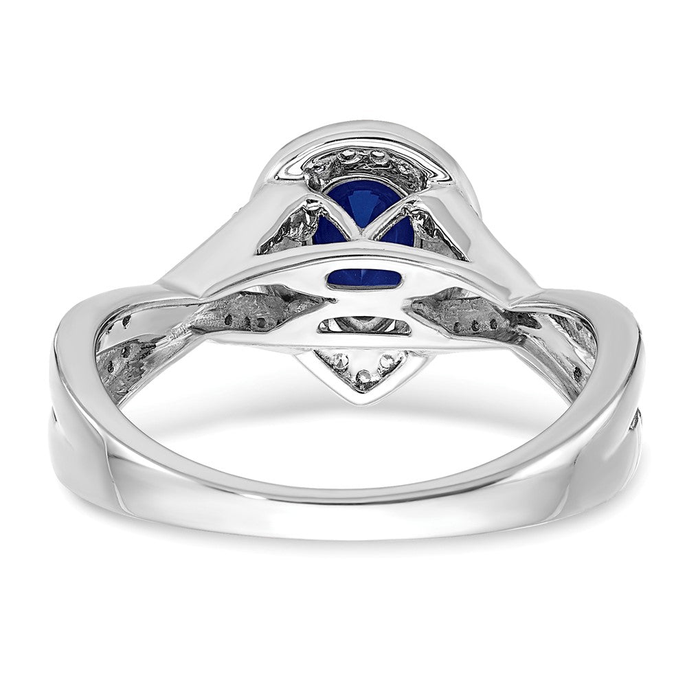 14K Weißgold Ring mit Halo, Birnenschliff, synthetischem Saphir und echten Diamanten