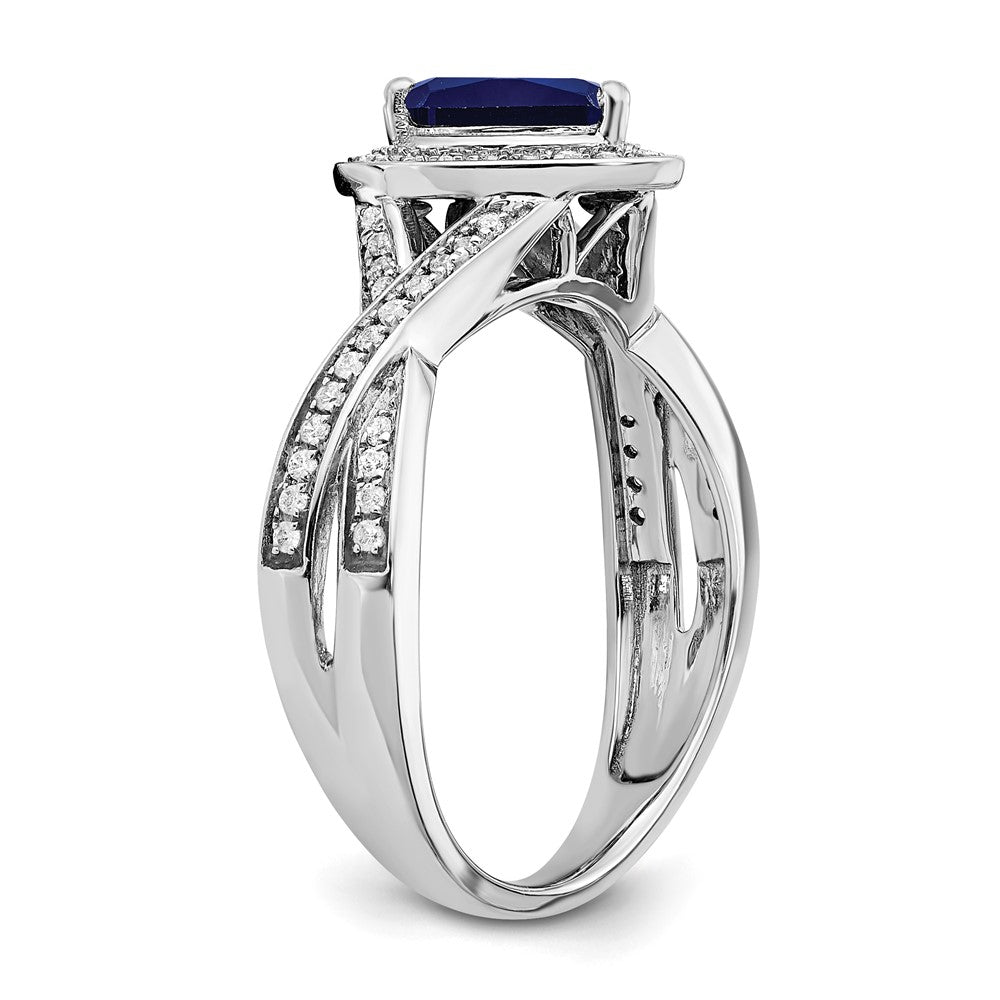 14K Weißgold Ring mit Halo, Birnenschliff, synthetischem Saphir und echten Diamanten