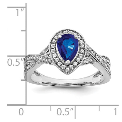 14K Weißgold Ring mit Halo, Birnenschliff, synthetischem Saphir und echten Diamanten