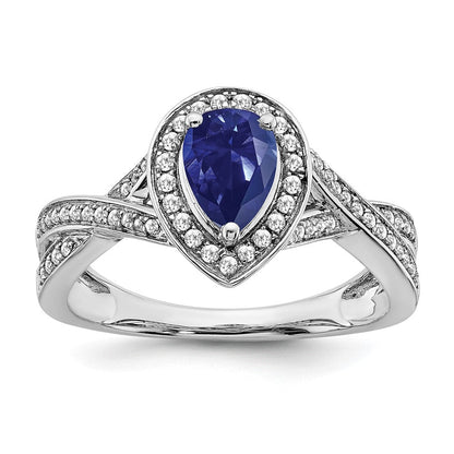 14K Weißgold Ring mit Halo, Birnenschliff, synthetischem Saphir und echten Diamanten