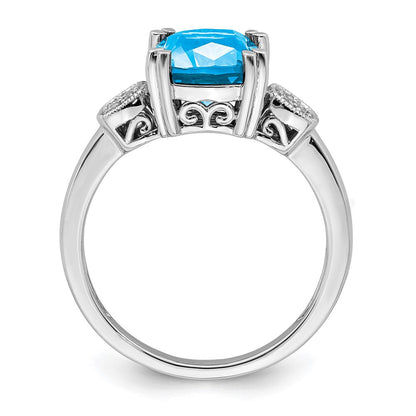 14K Weißgold Ring mit blauem Topas und echten Diamanten