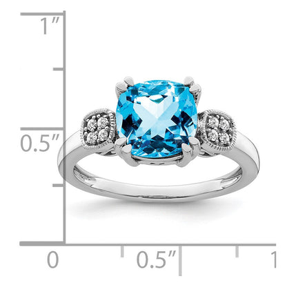 14K Weißgold Ring mit blauem Topas und echten Diamanten