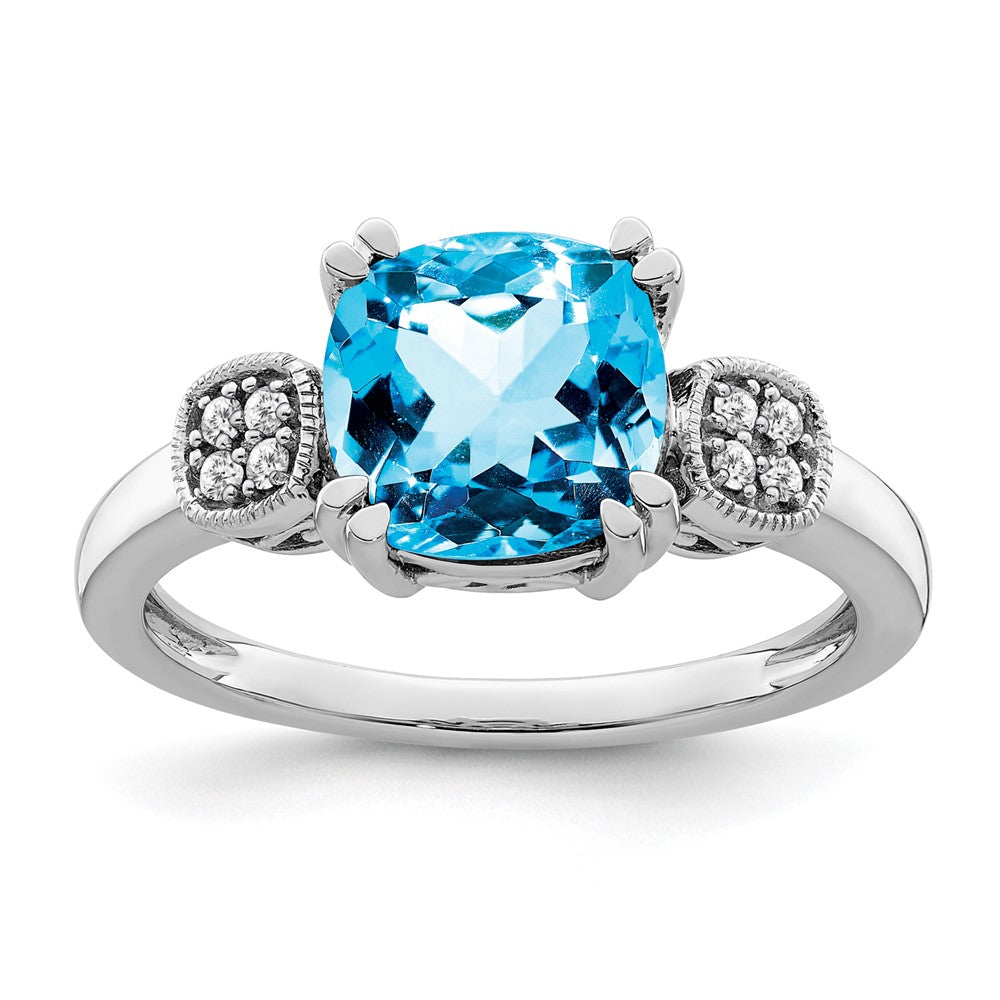 14K Weißgold Ring mit blauem Topas und echten Diamanten