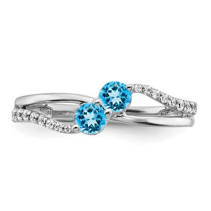 14K Weißgold Ring mit Blautopas und echtem Diamant im 2-Stein-Design