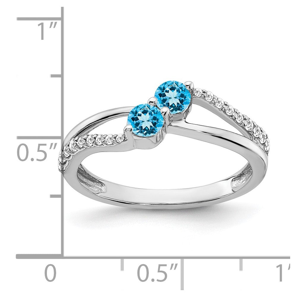14K Weißgold Ring mit Blautopas und echtem Diamant im 2-Stein-Design