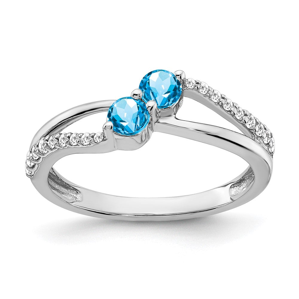 14K Weißgold Ring mit Blautopas und echtem Diamant im 2-Stein-Design