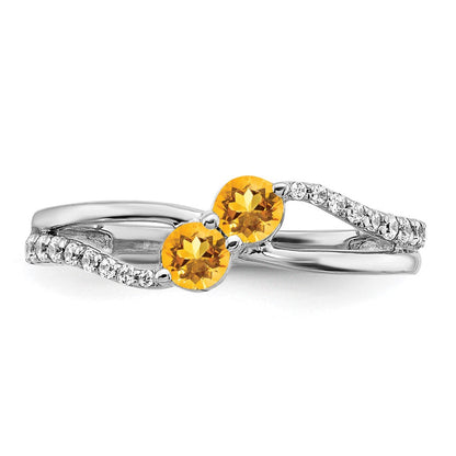 14K Weißgold Ring mit Citrin und echtem Diamant, 2 Steine