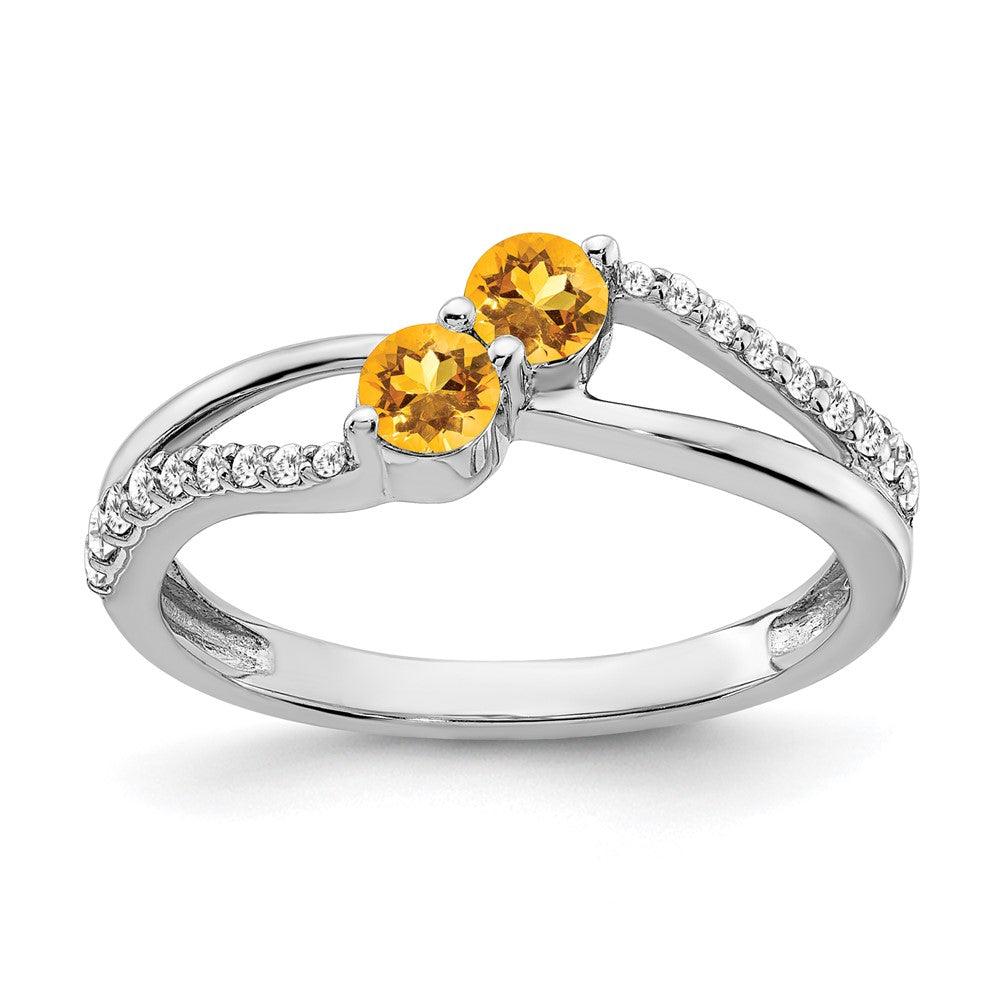 14K Weißgold Ring mit Citrin und echtem Diamant, 2 Steine