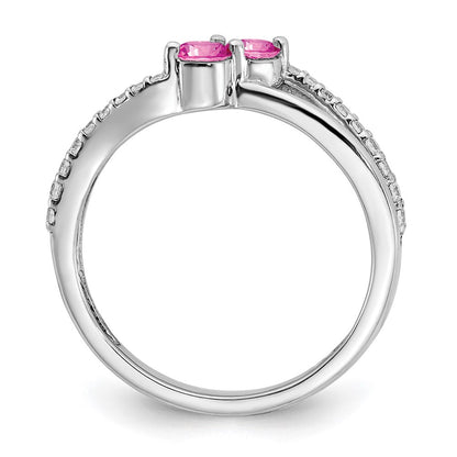 14K Weißgold Ring mit synthetischem pinkem Saphir und echtem Diamant, 2 Steine