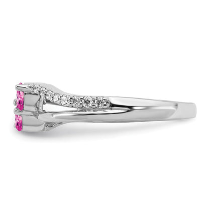 14K Weißgold Ring mit synthetischem pinkem Saphir und echtem Diamant, 2 Steine