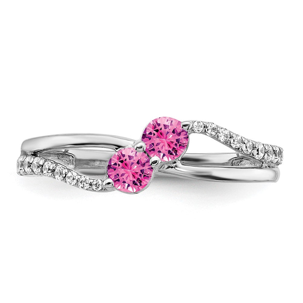 14K Weißgold Ring mit synthetischem pinkem Saphir und echtem Diamant, 2 Steine
