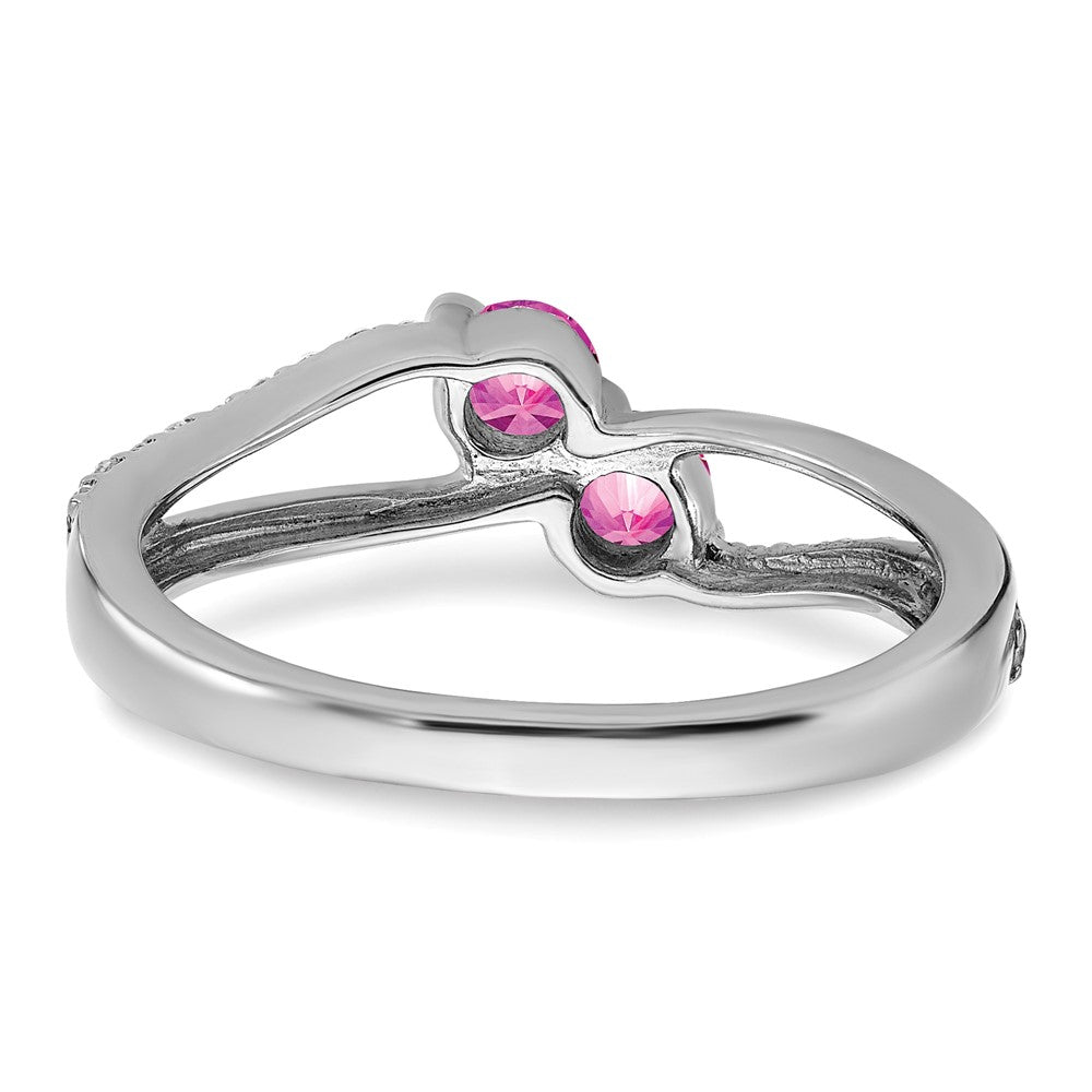 14K Weißgold Ring mit synthetischem pinkem Saphir und echtem Diamant, 2 Steine
