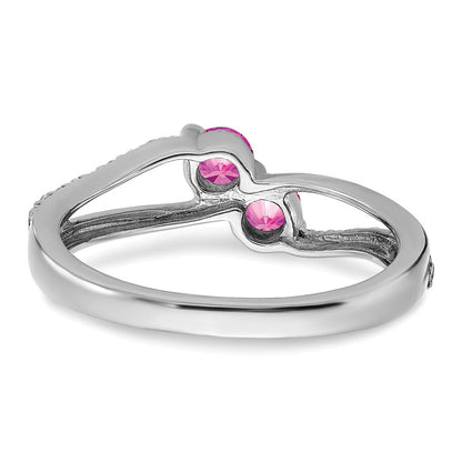 14K Weißgold Ring mit synthetischem pinkem Saphir und echtem Diamant, 2 Steine