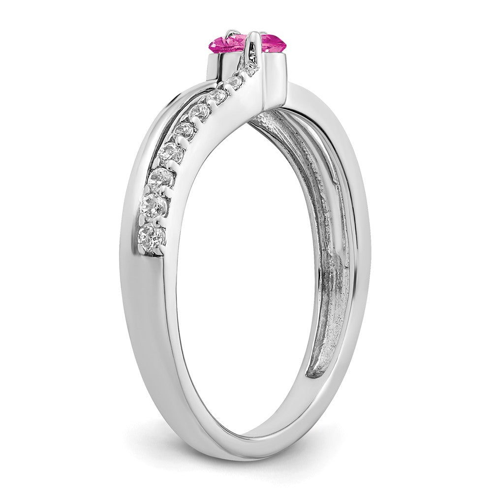 14K Weißgold Ring mit synthetischem pinkem Saphir und echtem Diamant, 2 Steine
