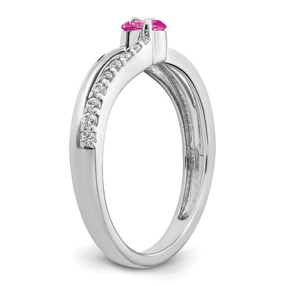 14K Weißgold Ring mit synthetischem pinkem Saphir und echtem Diamant, 2 Steine