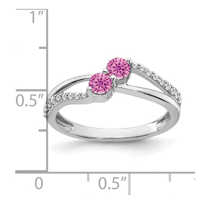 14K Weißgold Ring mit synthetischem pinkem Saphir und echtem Diamant, 2 Steine