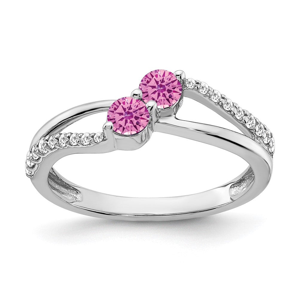 14K Weißgold Ring mit synthetischem pinkem Saphir und echtem Diamant, 2 Steine