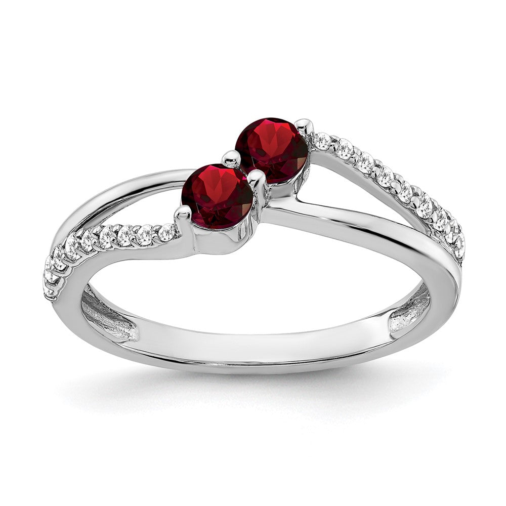 14K Weißgold Ring mit Granat und echtem Diamant, 2 Steine