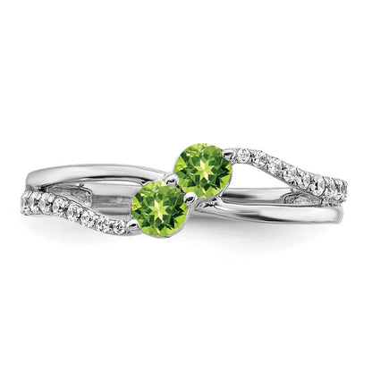 14K Weißgold Ring mit Peridot und echtem Diamant, 2 Steine