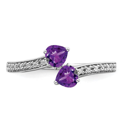 14K Weißgold Ring mit Amethyst und echtem Diamant, zweisteinig, Herzform