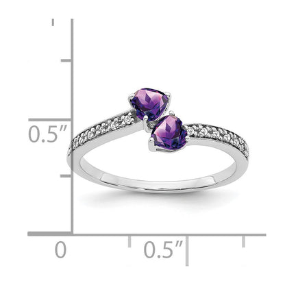 14K Weißgold Ring mit Amethyst und echtem Diamant, zweisteinig, Herzform