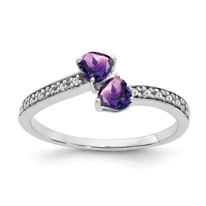 14K Weißgold Ring mit Amethyst und echtem Diamant, zweisteinig, Herzform