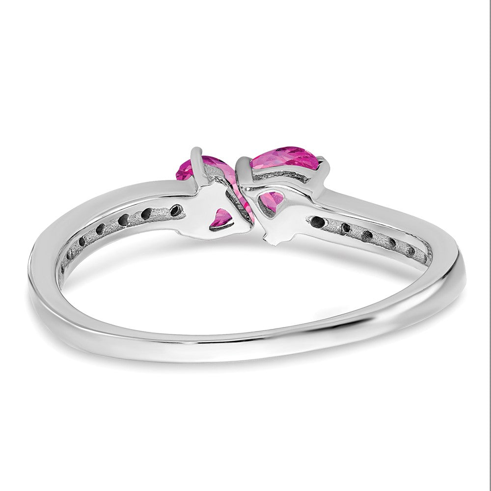 14K Weißgold Ring mit gezüchtetem pinkem Saphir und echten Diamanten, 2-Stein-Herz