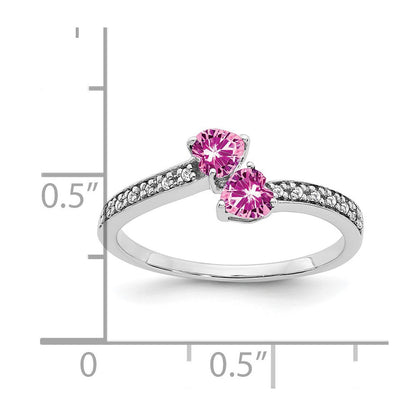14K Weißgold Ring mit gezüchtetem pinkem Saphir und echten Diamanten, 2-Stein-Herz