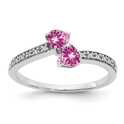 14K Weißgold Ring mit gezüchtetem pinkem Saphir und echten Diamanten, 2-Stein-Herz