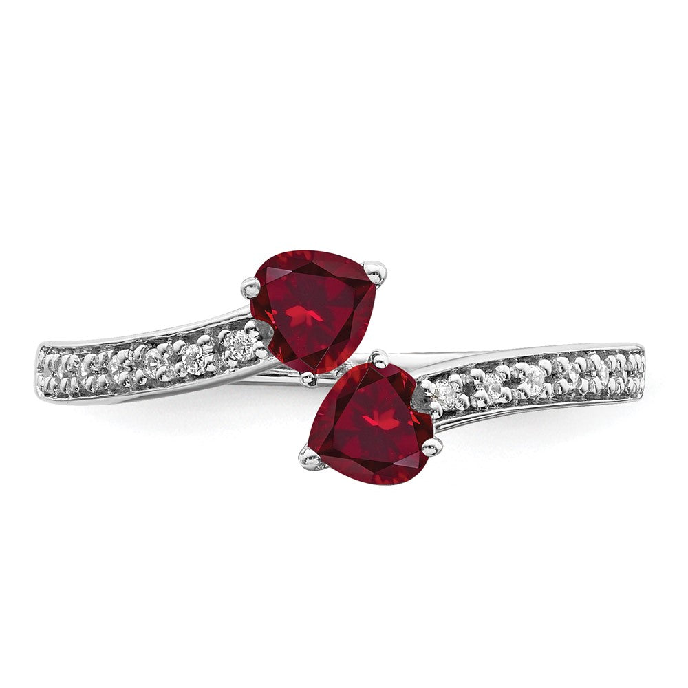 14K Weißgold Ring mit gezüchtetem Rubin und echtem Diamant im Herzschliff, 2 Steine